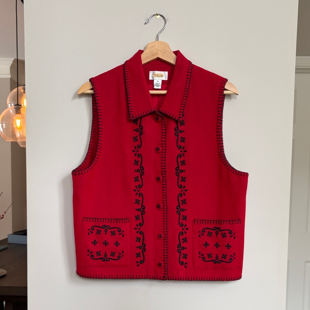 Talbots Red Embroidered Folk Vest Wool‎